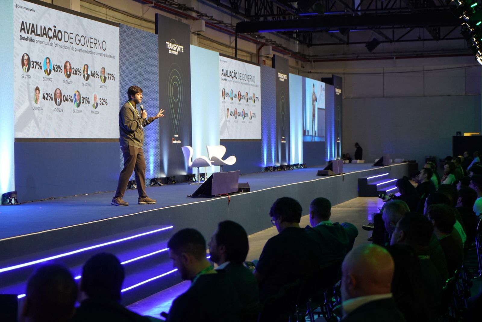 Palestra com plateia e telões durante o evento 2026